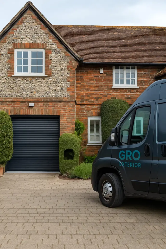 Core 55 roller shutter garage door installed on a home