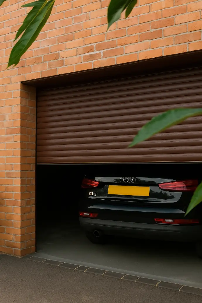 Single garage with an open roller door